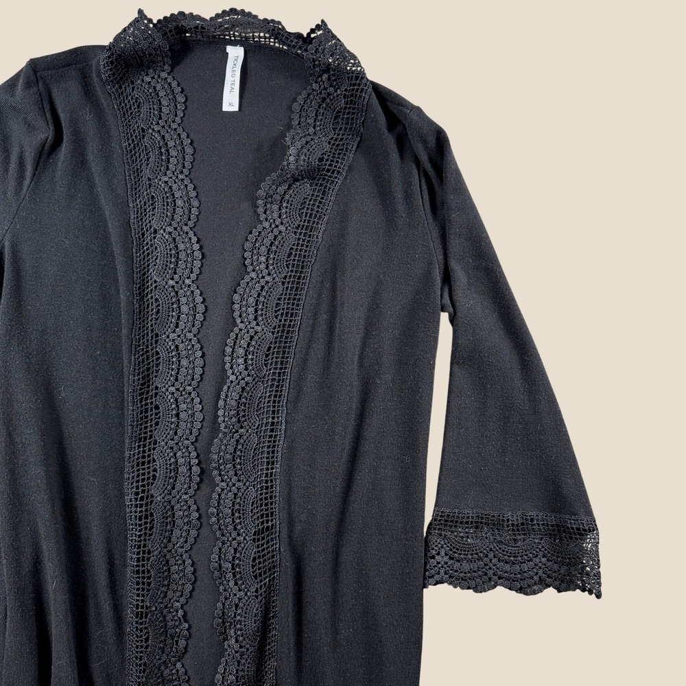 Tickled Teal Duster Cardigan Women XL Black Lace Trim Open Front Boho Layering